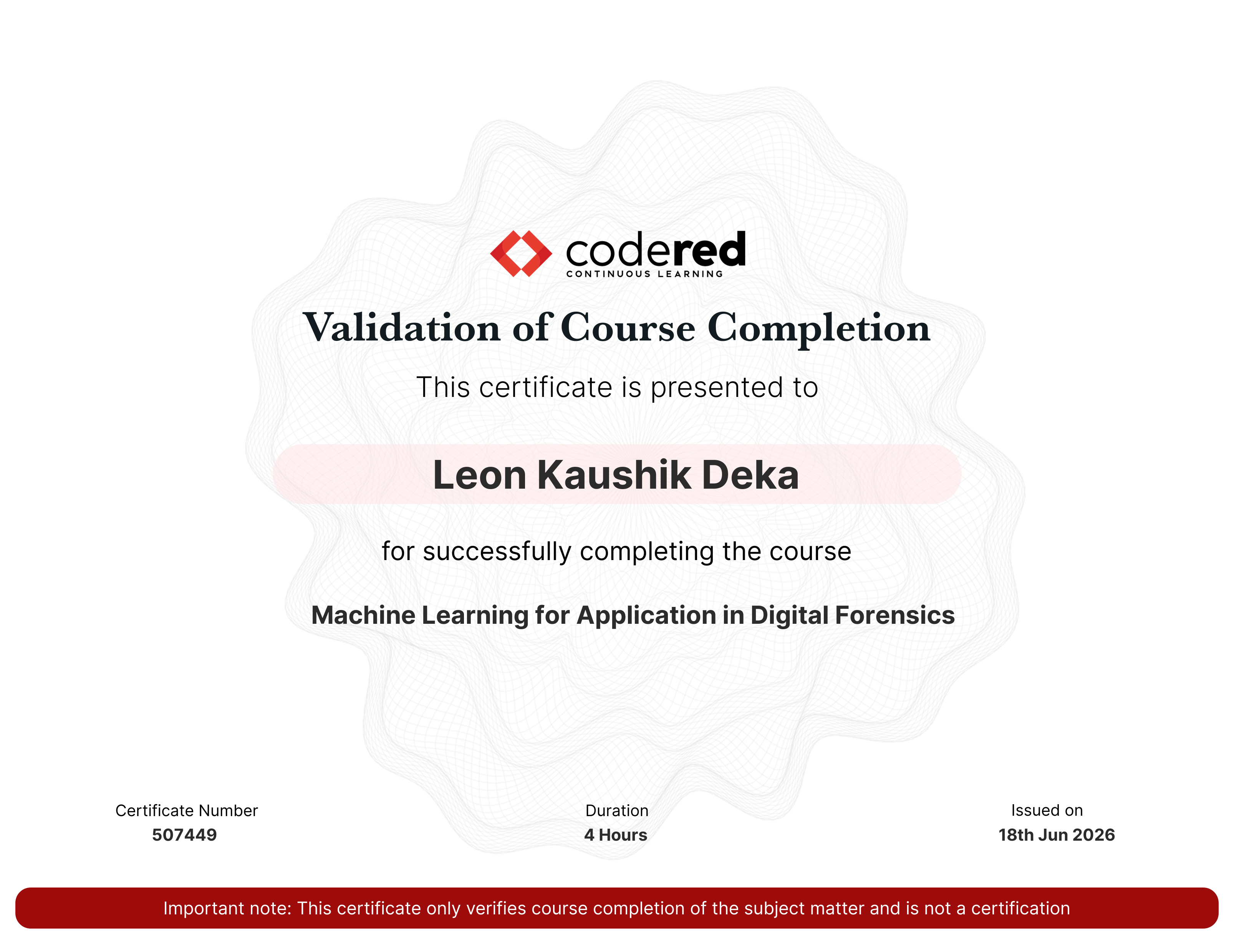 Machine Learning for Application in Digital Forensics certificate